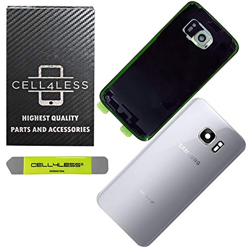 Product Cover CELL4LESS Compatible Back Glass Cover Back Door w/Installed Camera Lens, Custom Removal Tool & Installed Adhesive Replacement for Samsung Galaxy S7 - All Models G930 - OEM Replacement (Silver)