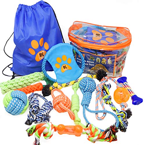 Product Cover BK PRODUCTS LLC Dog Toys - 13 Puppy Dog Rope Toys - Chew Toy for Puppy Small and Medium Dogs - Puppy Chew Toys - Dog Toy Pack - Set of 13 Chew Toys and Teething Toys with Bonus Storage Bag