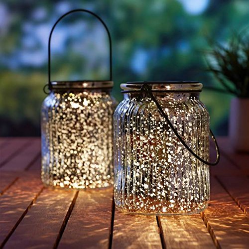 Product Cover SUNWIND Solar Mercury Glass Jar Lights - 2 Pack Silver Table Lamps Hanging Indoor Outdoor Lights for Patio Garden Lawn Wall Decor (Silver1)