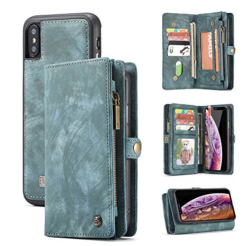 Product Cover iPhone XR Wallet Case,Zttopo 2 in 1 Leather Zipper Detachable Magnetic 11 Card Slots Card Slots Money Pocket Clutch Cover with Free Screen Protector for 6.1 Inch iPhone Cases - Blue-Green