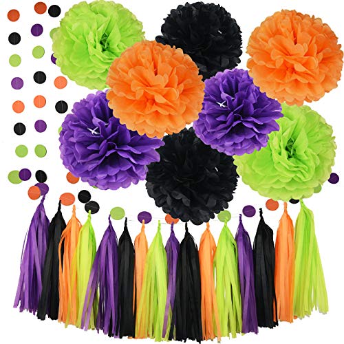 Product Cover Halloween Party Decorations Orange Black Purple Green Color Tissue Pom Pom Paper Garland Halloween Garland Halloween Decorations Birthday Decorations Purple Halloween Party Supplies
