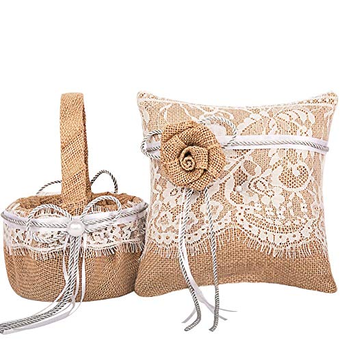 Product Cover TRUE LOVE GIFT Ring Bearer Pillow and Wedding Flower Girl Basket Set BurlapLace Collection Wedding Anniversary Celebrations Party Decoration