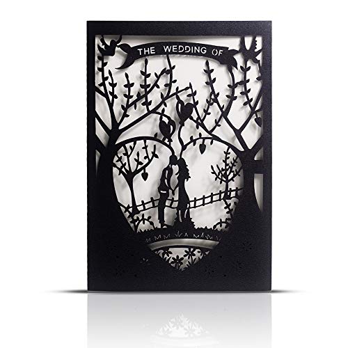 Product Cover Laser Cut Printable Wedding Invitation Kits - 25pcs 4.7'' x 7'' Black Love Tree Wedding Invitations Cards with Printable Paper and Envelopes for Engagement Marriage Bridal Shower Anniversary