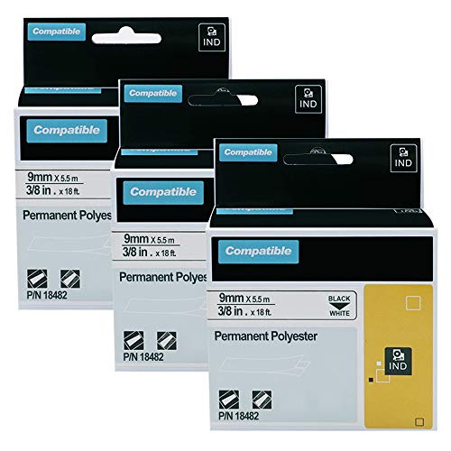 Product Cover 3-Pack Compatible Industrial Label Tapes Replacement for DYMO 18482 Permanent Polyester Label Tapes for DYMO Rhino 5200, 4200, 1000, 3000, 5000, 6000 Label Makers, Black on White, 3/8