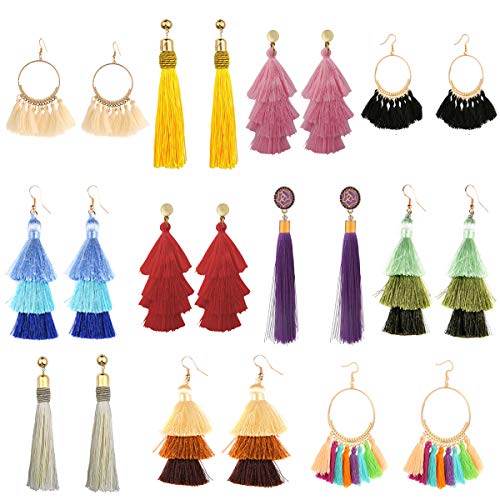 Product Cover 11 Pairs Tassel Earrings for Women Colorful Long Layered Thread Ball Dangle Earrings Yellow Red Fashion Jewelry Valentine Birthday Gifts Christmas