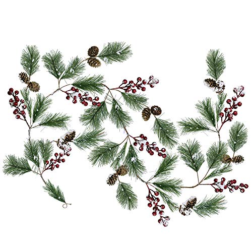 Product Cover Supla 5.9 Feet Seasonal Artificial Rustic Snowy Pine Needle Red Berry Clusters Mini Pine Cones Garland Christmas Garland Hanging String Wire Vine for Holiday Winter Indoor Outdoor Decor