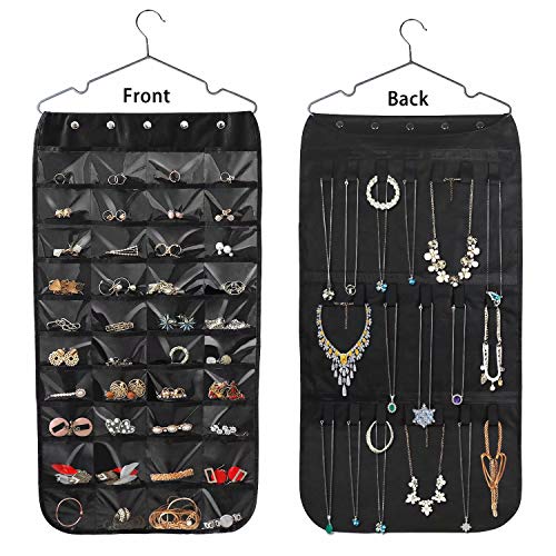 Product Cover Hanging Jewelry Organizer, Double Sided 40 Pockets and 20 Magic Tape Hook Jewelry Organizer, Necklace Holder Jewelry Chain Organizer for Earrings Necklace Bracelet Ring with Hanger, Black