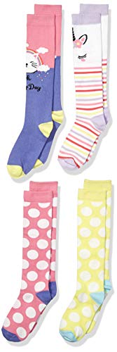 Product Cover Amazon Brand - Spotted Zebra Kids' 4-Pack Knee Socks, Cats and Unicorns, Small (10-13)