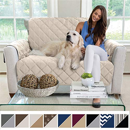 Product Cover MIGHTY MONKEY Premium Reversible Chair Protector for Seat Width up to 48 Inch, Furniture Slipcover, 2 Inch Strap, Chairs Slip Cover Throw for Pets, Dogs, Cats, Armchair, Beige Latte