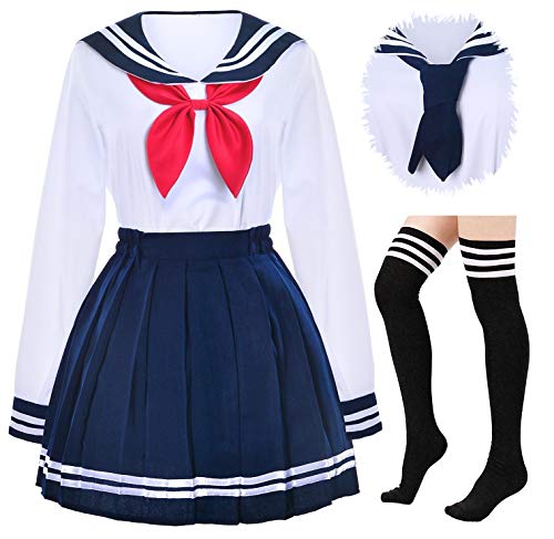 Product Cover Japanese School Girls Uniform Sailor Navy Blue Pleated Skirt Anime Cosplay Costumes with Socks Set(SSF13) M(Tag L)
