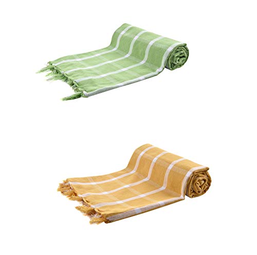 Product Cover SVR Handloom Multi Color Cotton Bath Towels/Big Towel Combo Pack of 2, Size 34X65, Highly Water Absorbent, Super Soft, Easy to Dry & Very Thin Green and Orange