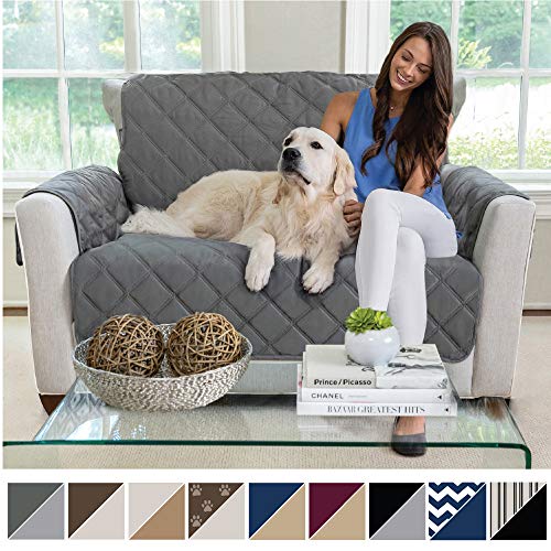 Product Cover MIGHTY MONKEY Premium Reversible Chair Protector for Seat Width up to 48 Inch, Furniture Slipcover, 2 Inch Strap, Chairs Slip Cover Throw for Pets, Dogs, Cats, Armchair, Charcoal Light Gray