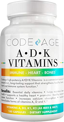 Product Cover Codeage ADK Vitamin Supplement - High Potency - Support Bone Health and Calcium Absorption - Heart and Vision Supplement - Bioavailable Vitamins A, D3, K1, K2 (MK7 and MK4), No Soy, 180 Capsules