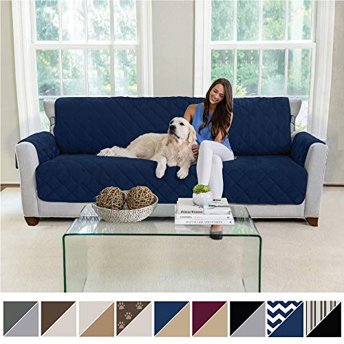 Product Cover MIGHTY MONKEY Premium Reversible X-Large Oversized Sofa Protector for Seat Width up to 78 Inch, Furniture Slipcover, 2 Inch Strap, Couch Slip Cover Throw for Pets, Dogs, Kids, Cats, Sofa, Navy Tan