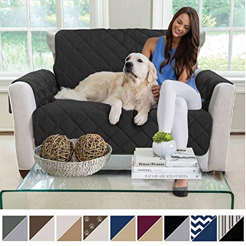 Product Cover MIGHTY MONKEY Premium Reversible Chair Protector for Seat Width up to 48 Inch, Furniture Slipcover, 2 Inch Strap, Chairs Slip Cover Throw for Pets, Dogs, Cats, Armchair, Black Gray