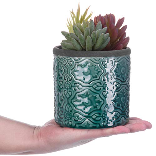 Product Cover MyGift 5-Inch Vintage-Inspired Embossed Turquoise Blue Clay Succulent Planter Flower Pots, Set of 2