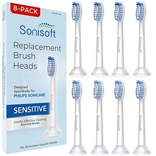 Product Cover Sonisoft Sensitive Replacement Toothbrush Heads (8-Pack) - Brush Heads for Philips Sonicare Fits Gum Health, Plaque Control, DiamondClean, Flexcare, Easyclean, HealthyWhite