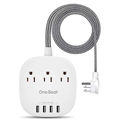 Product Cover Desktop Power Strip with 3 Outlet 4 USB Ports 4.5A, Flat Plug and 5 ft Long Braided Extension Cords for Home and Office, ETL Listed, White