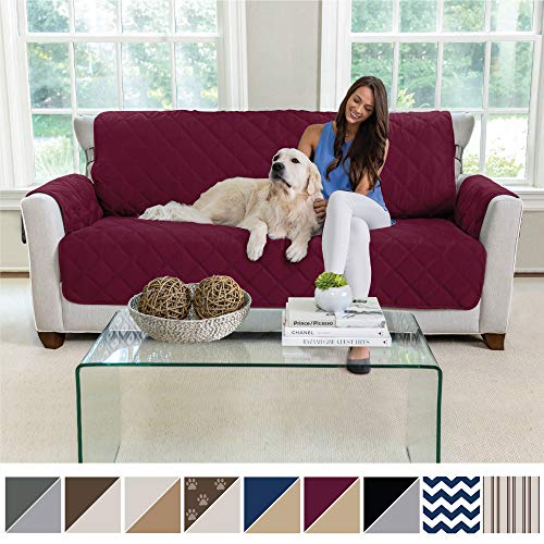 Product Cover MIGHTY MONKEY Premium Reversible Large Sofa Protector for Seat Width up to 70 Inch, Furniture Slipcover, 2 Inch Strap, Couch Slip Cover Throw for Pets, Dogs, Kids, Cats, Sofa, Merlot Sand