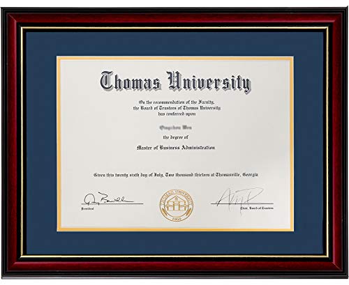 Product Cover Flagship Diploma Frame Real Wood & Glass Golden Rim Sized 8.5x11 Inch with Mat and 11x14 Inch Without Mat for Documents Certificates (Double Mat, Navy Blue Mat with Golden Rim) (Navy Blue)