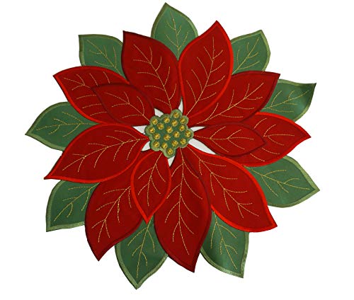 Product Cover Set of 4,Applique Poinsettia Red with Green Embroidered Flower Placemats for Home Holiday Christmas Table Top Decoration,Round14inch（36cm）