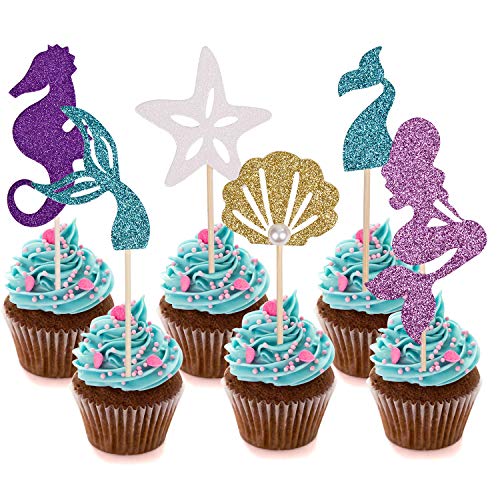 Product Cover Since1989 24 Pcs Glitter Mermaid Cupcake Toppers, Mermaid Party Supplies Favors for Baby Shower, Birthday Party, Mermaid Theme Party, Under the Sea Party ect.