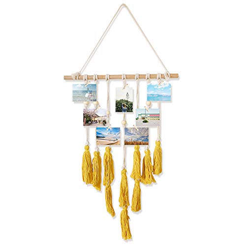Product Cover Wall Hanging Photo Display,Macrame Wall Decor Photo Organizer Tassel Wall Hangings Thanksgiving Gift Christmas Decorations(Yellow)