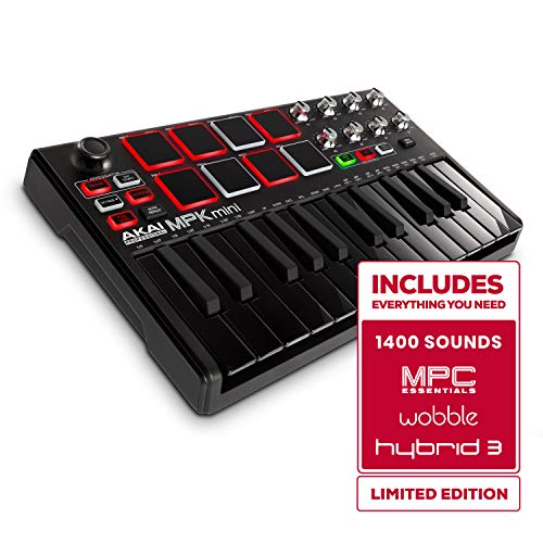 Product Cover Akai Professional MPK Mini MKII LE Black | Black, Limited Edition 25 Key Portable USB MIDI Keyboard With 8 Backlit Performance Ready Pads, 8 Assignable Q Link Knobs & A 4 Way Thumbstick