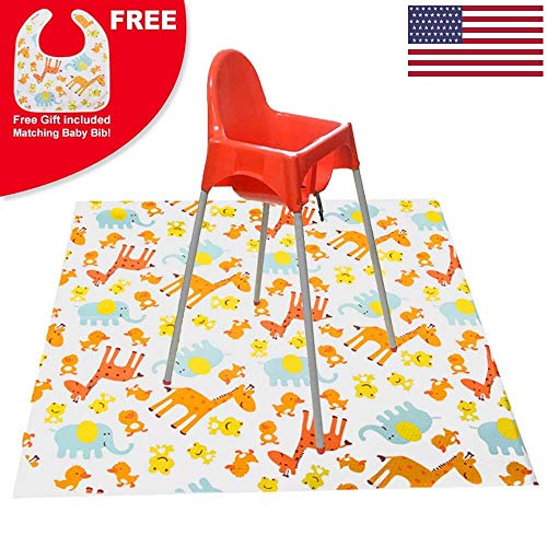 Product Cover Large Baby Splat Mat for Under High Chair - Waterproof, Washable, Portable Play Mat, Art Crafts Floor/Carpet Protector, Free Matching Bib Included!