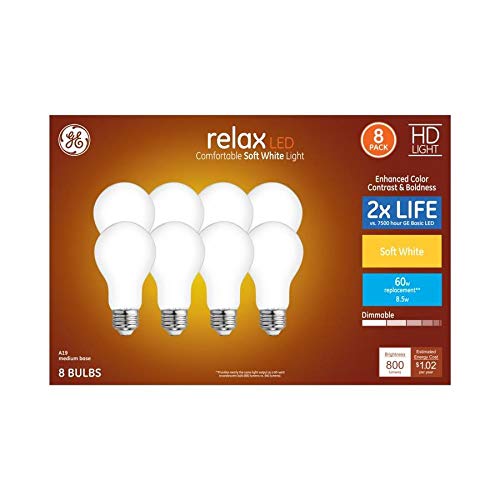 Product Cover GE Relax 8-Pack 60 W Equivalent Dimmable Warm White A19 LED Light Fixture Light Bulbs