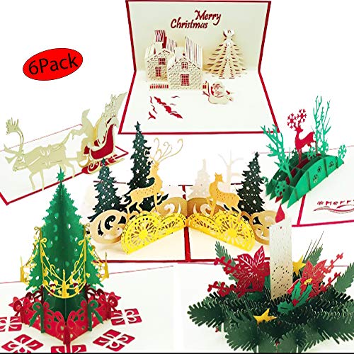 Product Cover 3D Christmas Cards pop up | Set of 6 Xmas Greeting Cards & Envelopes | Funny Personalized Holiday PostCards | Handmade thank you card Gifts, Tree, Snowman, Reindeer,Candle