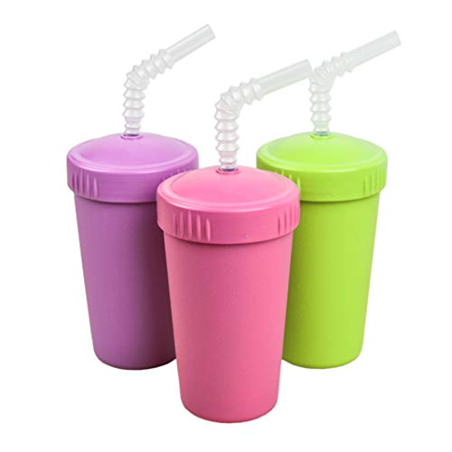 Product Cover Re-Play Made in USA 3pk Straw Cups with Reversable Straw for Easy Baby, Toddler, Child Feeding - Purple, Lime, Bright Pink (Butterfly)