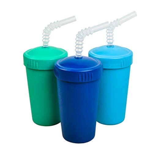 Product Cover Re-Play Made in USA 3pk Straw Cups with Reversable Straw for Easy Baby, Toddler, Child Feeding - Aqua, Sky Blue, Navy (True Blue)