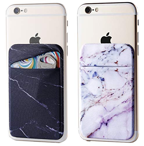 Product Cover 2Pack Marble Adhesive Phone Pocket,Cell Phone Stick On Card Wallet Sleeve,Credit Cards/ID Card Holder(Double Secure)with 3M Sticker for Back of iPhone,Android and all Smartphones-Black&Purple Marble