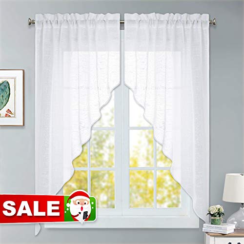 Product Cover RYB HOME Semi Sheer Curtain Valance Window Topper, Textured Linen Sheer Kitchen Curtain Tier Swag Set, Privacy Half Window Curtains for Bedroom Living Room Bathroom, W 36 x L 63, 2 Panels, White