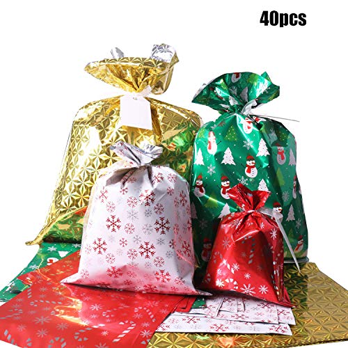 Product Cover Christmas Gift Bags, 40Pcs Santa Wrapping Gift Bag in 4 Sizes and 4 Designs, with Ribbon Ties and Tags