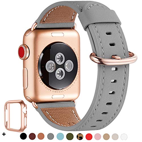 Product Cover WFEAGL Compatible iWatch Band 40mm 38mm,Top Grain Leather Band with Rose Gold Adapter(the Same as Series 5/4/3 with Gold Aluminum Case in Color)for iWatch Series 5 /4/3/2/1(Gray Band+RoseGold Adapter)