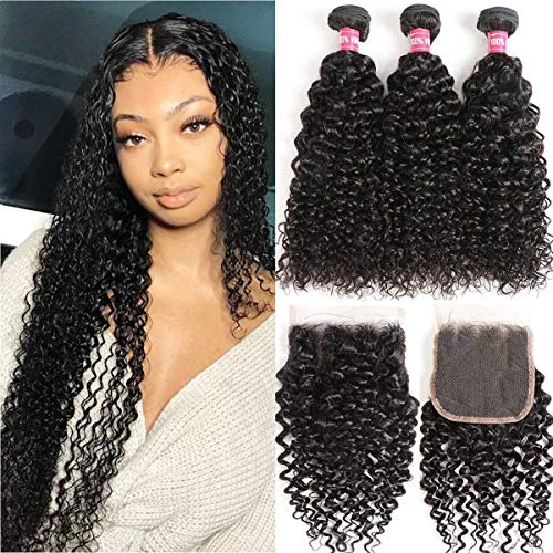 Product Cover WENYU Hair Brazilian Virgin Curly Hair 3 Bundles with Lace Closure Free Part 100% Brazilian Kinky Curly Human Hair Bundles with 4x4 Lace Closure Natural Black (20 22 24+18Free Part)