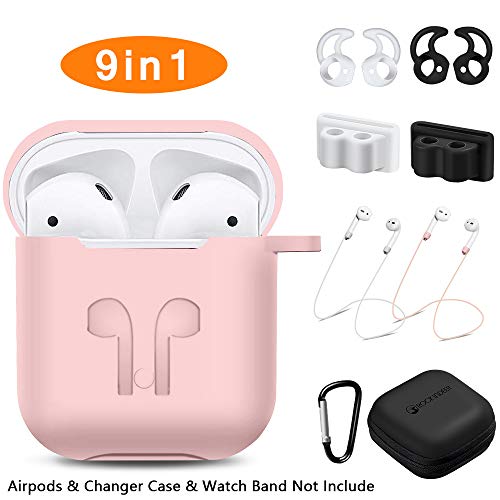 Product Cover AirPods Case, Rockindeer 9 in 1 AirPods Accessories Set Protective Silicone Cover and Skin Compatible Apple AirPods Charging Case with Watch Band Holder/Ear Hook/Keychain/Strap/Carrying Box (Pink)