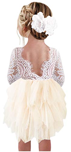 Product Cover 2Bunnies Girl Peony Lace Back A-Line Tiered Tutu Tulle Flower Girl Dress (Ivory 3/4 Sleeve Short, 6 Months)