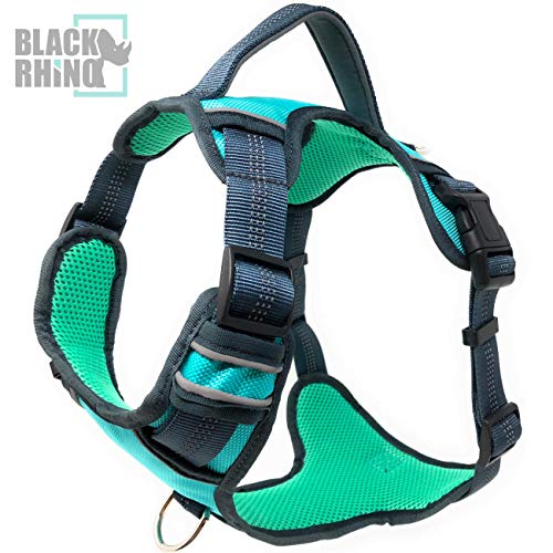 Product Cover Black Rhino - The Comfort Dog Harness with Mesh Padded Vest for Small - Large Breeds | Adjustable | Reflective | 2 Leash Attachments on Chest & Back - Neoprene Padded Training Handle (Large, Aqua/Gr)