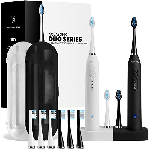 Product Cover AquaSonic DUO Dual Handle Ultra Whitening 40,000 VPM Wireless Charging Electric ToothBrushes - 3 Modes with Smart Timers - 10 DuPont Brush Heads & 2 Travel Cases Included