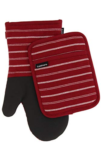 Product Cover Cuisinart Neoprene Oven Mitts and Potholder Set-Heat Resistant Oven Gloves to Protect Hands and Surfaces with Non-Slip Grip, Hanging Loop-Ideal for Handling Hot Cookware Items, Twill Stripe Red Dahlia