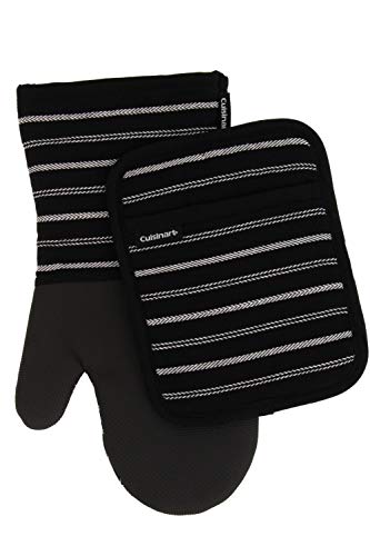 Product Cover Cuisinart Neoprene Oven Mitts and Potholder Set -Heat Resistant Oven Gloves to Protect Hands and Surfaces with Non-Slip Grip, Hanging Loop-Ideal for Handling Hot Cookware Items, Twill Stripe Jet Black