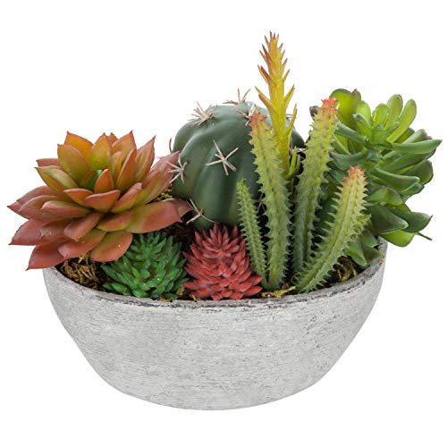 Product Cover MyGift 6-Inch Faux Colorful Succulent Arrangement in Ridged Gray Pulp Planter