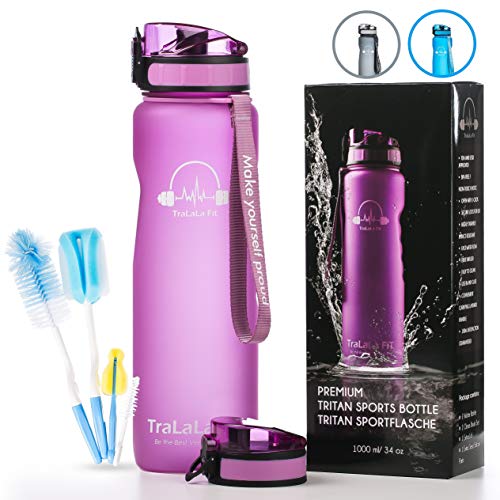 Product Cover TraLaLa Fit Sports Water Bottle - 32oz 1 Liter Large, Fruit Infuser, Fast Flow, Flip Top Leakproof and Durable, Lid One Click Open, BPA Free Tritan Plastic Water Bottle for Fitness, Outdoor, Kids