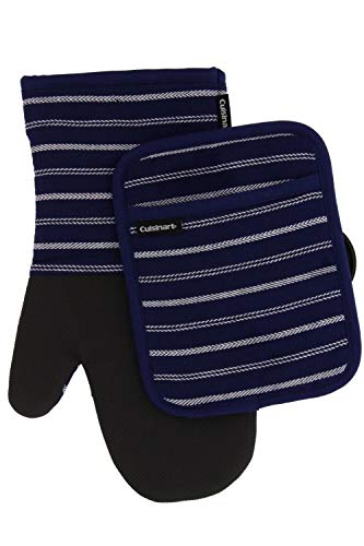 Product Cover Cuisinart Neoprene Oven Mitts and Potholder Set -Heat Resistant Oven Gloves to Protect Hands and Surfaces with Non-Slip Grip, Hanging Loop-Ideal for Handling Hot Cookware Items, Twill Stripe Navy Aura