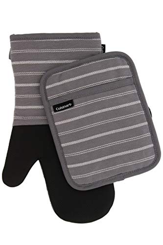 Product Cover Cuisinart Neoprene Oven Mitts and Potholder Set-Heat Resistant Oven Gloves to Protect Hands and Surfaces with Non-Slip Grip, Hanging Loop-Ideal for Handling Hot Cookware Items,Twill Stripe Titan. Grey