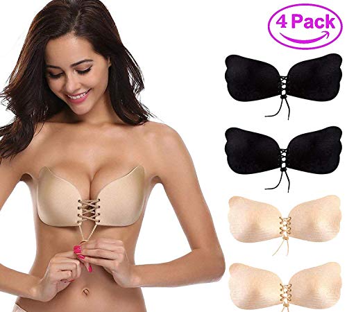 Product Cover (4 Pack) Sticky Bra Backless Self Adhesive Invisible Push up Reusable Bras Drawstring for Women (B) Black