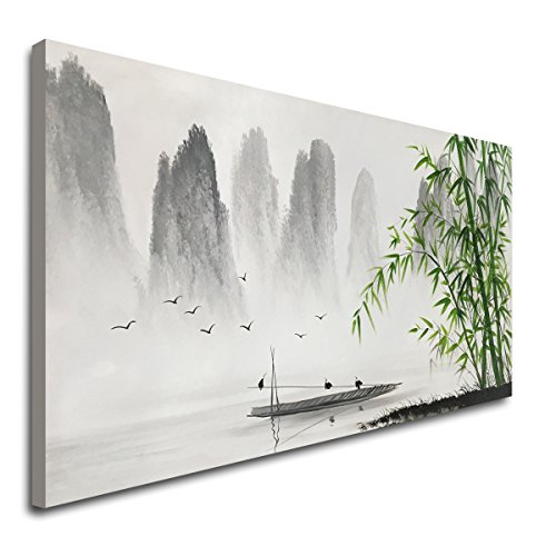 Product Cover Large Hand Painted Traditional Chinese Painting Black and White Modern Landscape Canvas Wall Art Handmade Bamboo Artwork